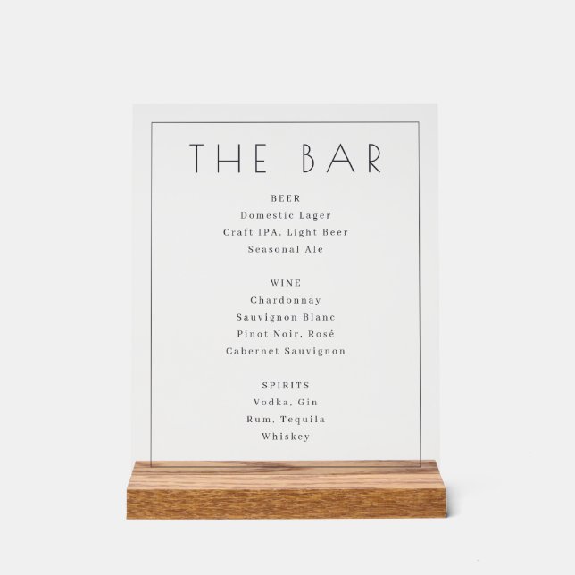 Elegant White Minimalist Bar Menu Acrylic Sign (Front)