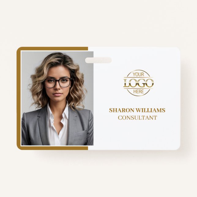 Elegant White Minimalist Company Employee Photo ID Badge (Front)