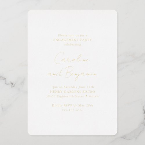 Elegant White Minimalist Engagement Party Gold Foil Invitation