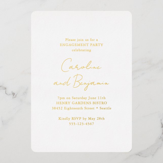 Elegant White Minimalist Engagement Party Gold Foil Invitation (Front)