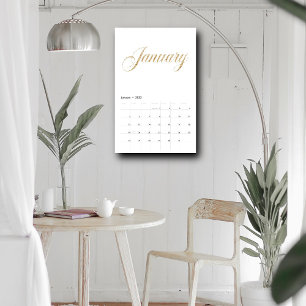 Elegant White Minimalist Gold Script Letters Calendar