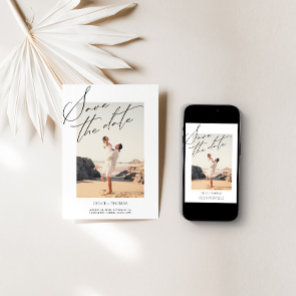Elegant White Minimalist Script Photo Save The Date