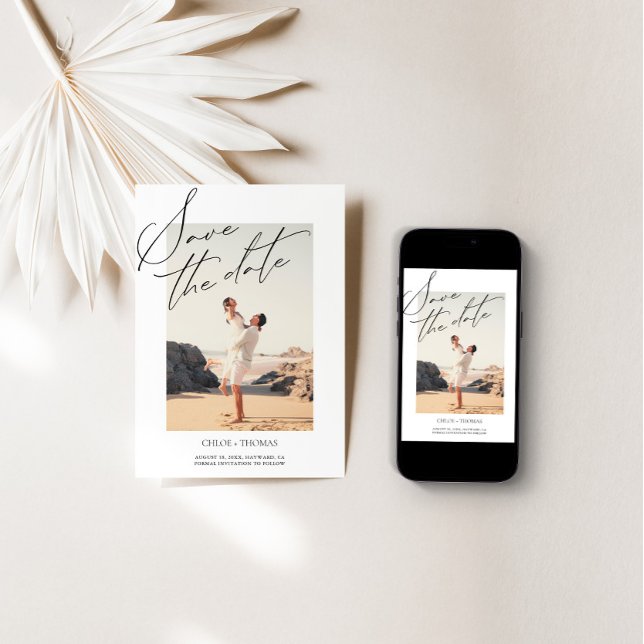 Elegant White Minimalist Script Photo Save The Date (Creator Uploaded)