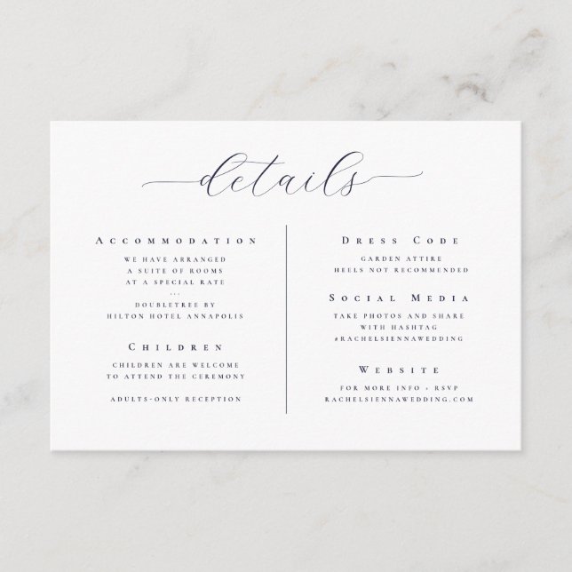 Elegant White Minimalist Script Wedding Details Enclosure Card (Front)