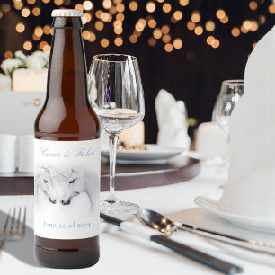 Elegant White Minimalist Unicorn Horses Wedding Beer Bottle Label