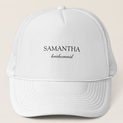 Elegant White Minimalist Wedding Bridesmaid Script Trucker Hat