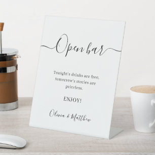 Elegant White Minimalist Wedding Open Bar Pedestal Sign