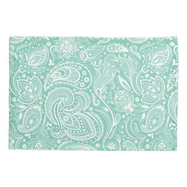 Elegant White & Mint Floral Paisley Pattern Pillowcase (Back)
