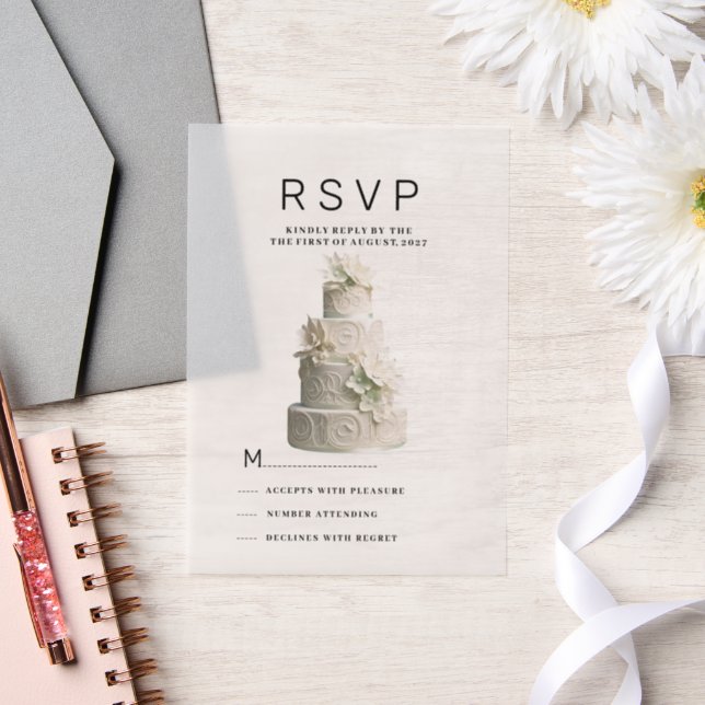 Elegant white mint green floral cake RSVP Vellum Invitations (Wedding)