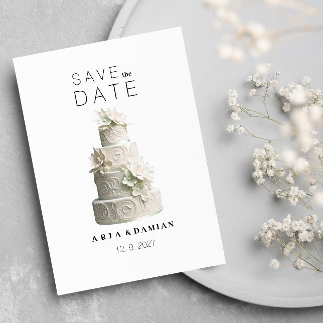 Elegant white mint green floral cake Save the Date Invitation (Elegant white mint green floral cake Save the Date)