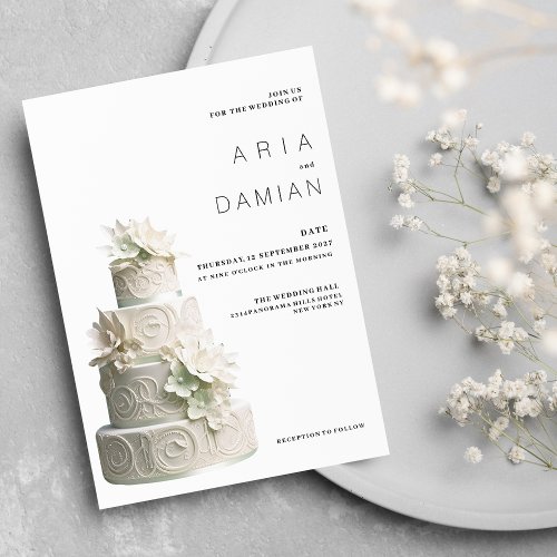 Elegant white mint green floral cake Wedding  Invitation
