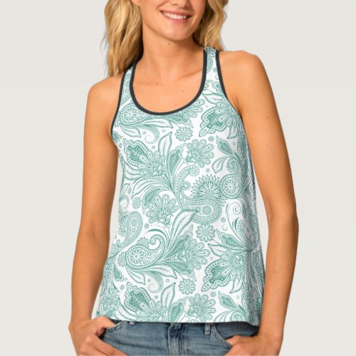 Elegant White  Mint_green paisley Pattern Tank Top