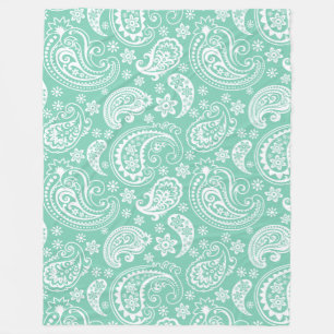 Elegant White & Mint-Green Vintage Paisley Pattern Fleece Blanket