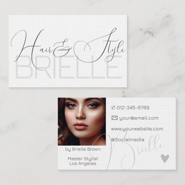 Elegant White Modern Calligraphy Signature Photo Business Card (Front/Back)