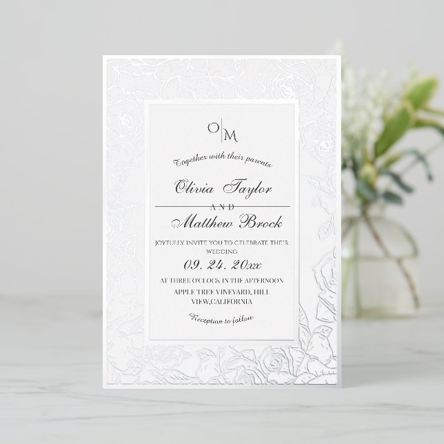 Elegant White Modern Flower Foil Wedding Invitation (Standing Front)