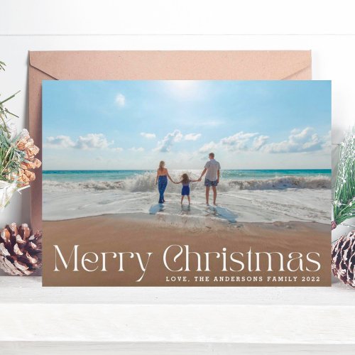 Elegant White Modern Script Photo Merry Christmas Holiday Card