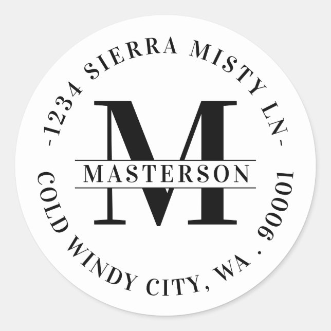 Elegant White Monogram Circular Return Address Classic Round Sticker (Front)