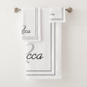 Elegant White Monogram Initial Name Striped Bath Towel Set