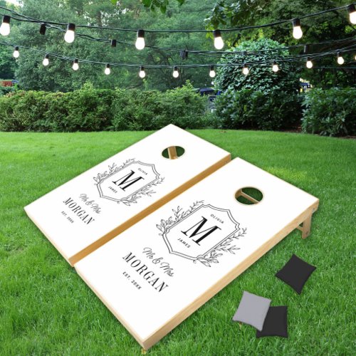 Elegant White Monogram Mr and Mrs Wedding Cornhole Set