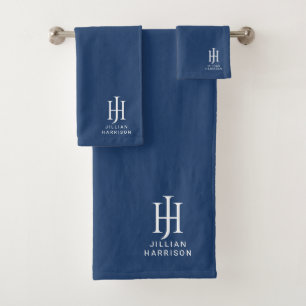 Elegant White Monogram Navy Blue Bath Towel Set