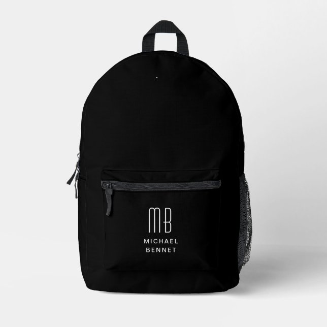 Elegant White Monogrammed Black Printed Backpack (Front)