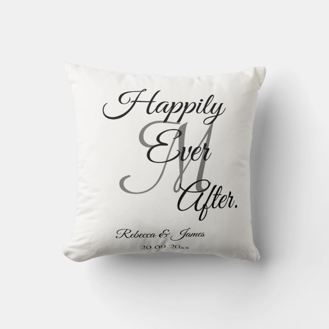 Elegant White Monogrammed Happily Ever After Throw Pillow (Front)