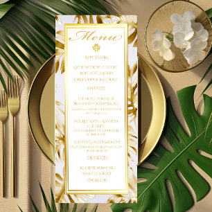 Elegant White Monstera Gilded Gold Wedding Menu