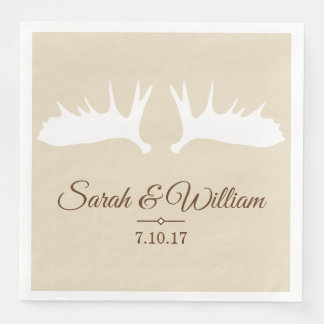 Elegant White Moose Antlers & Taupe | Personalized Paper Dinner Napkins