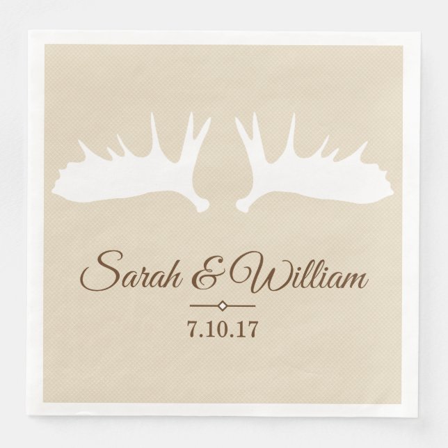 Elegant White Moose Antlers & Taupe | Personalized Paper Dinner Napkins (Front)
