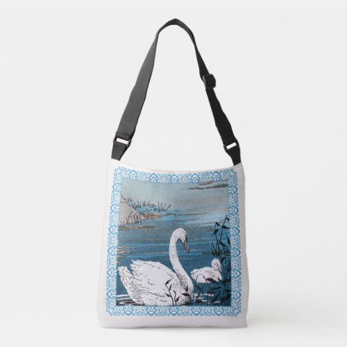 Elegant White Mother Swan With Baby in Blue Lake Crossbody Bag