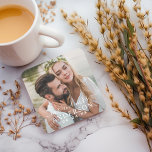 Elegant White Mr and Mrs Monogram Photo Wedding Square Paper Coaster<br><div class="desc">Elegant wedding coasters feature a photo of the bride and groom with white text overlay. Custom wording includes "Mr and Mrs" in modern calligraphy script with custom married last name and wedding date text in classic serif typestyles.</div>