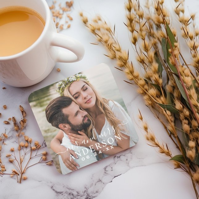 Elegant White Mr and Mrs Photo Wedding Square Paper Coaster (Creator Uploaded)