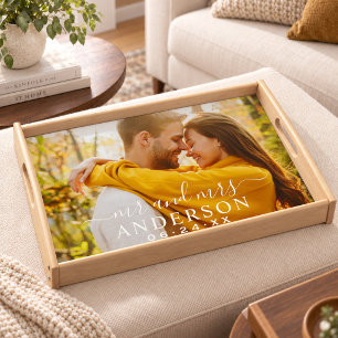 Elegant White Mr and Mrs Script Wedding Photo Serving Tray