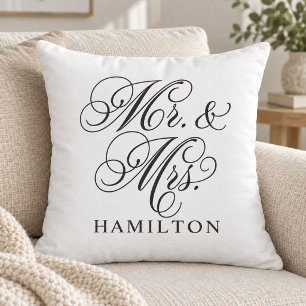 Elegant White Mr and Mrs Script Wedding Throw Pillow