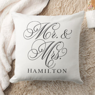 Elegant White Mr and Mrs Script Wedding Throw Pillow