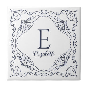 Elegant White Navy Blue Decorative Name Monogram Ceramic Tile