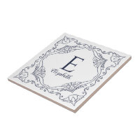 Monogram Name Pink White Flowers Watercolor Silver Ceramic Tile