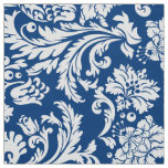 Elegant White &amp; Navy Blue Floral Damasks Fabric