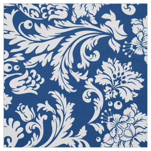 Elegant White  Navy Blue Floral Damasks Fabric
