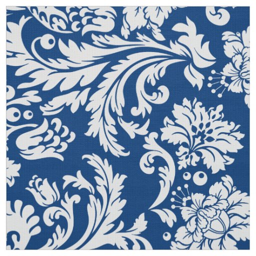 Elegant White & Navy Blue Floral Damasks Fabric