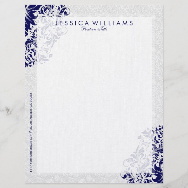 Elegant White & Navy Blue Floral Lace Letterhead (Front)