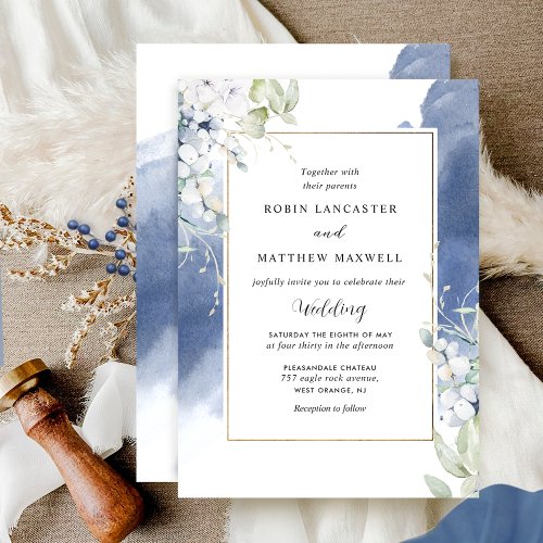 Elegant White Navy Blue Floral Watercolor Wedding Invitation
