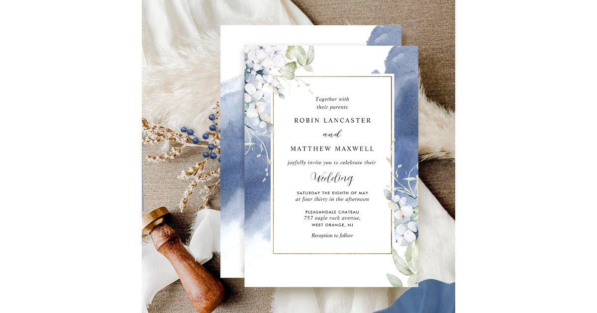 Elegant White, Navy Blue Floral Watercolor Wedding Invitation | Zazzle