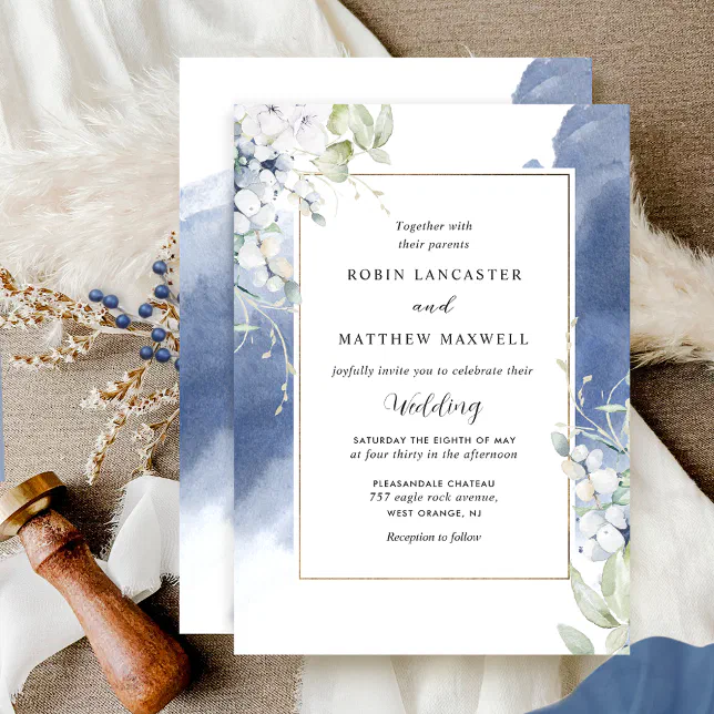 Elegant White, Navy Blue Floral Watercolor Wedding Invitation | Zazzle
