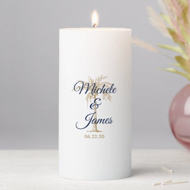 Elegant White Navy Blue Gold Palm Trees Wedding Pillar Candle (In Situ)