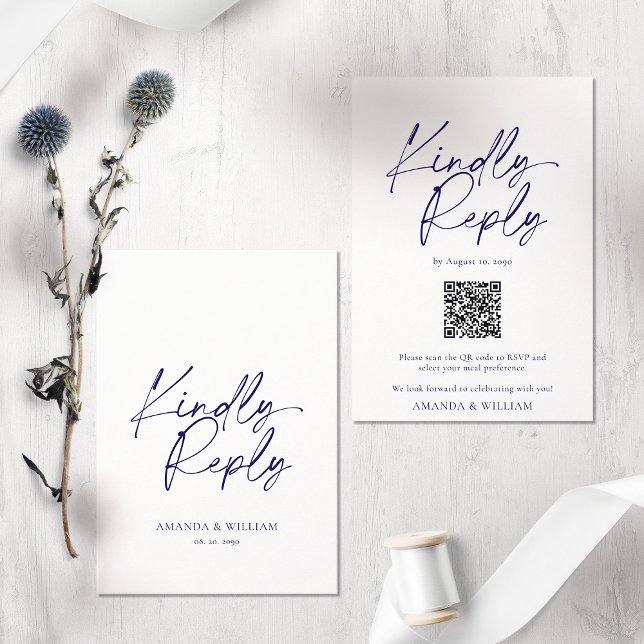  Elegant White & Navy Blue QR Code RSVP Card  (Creator Uploaded)