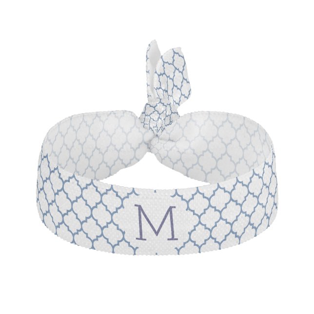 Elegant White & Navy Blue Quatrefoil Hair Tie (Front)