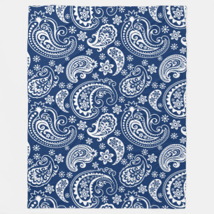 Elegant White & Navy Blue Vintage Paisley Pattern Fleece Blanket