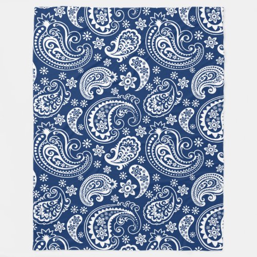 Elegant White  Navy Blue Vintage Paisley Pattern Fleece Blanket
