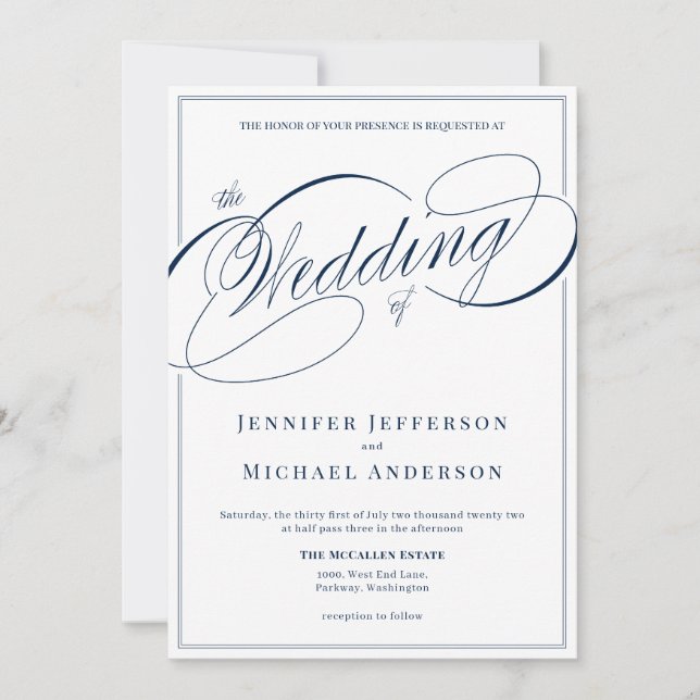 Elegant White Navy Classic Calligraphy Wedding Invitation (Front)
